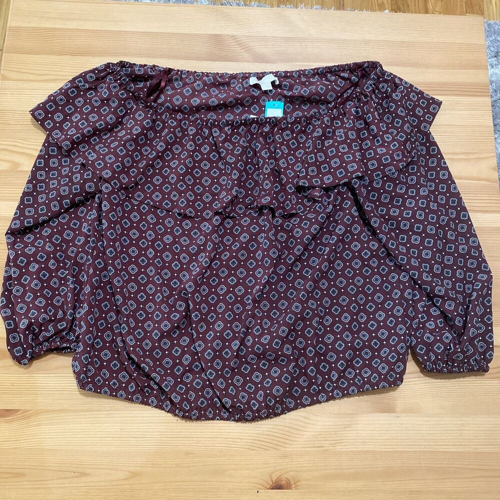 Michael Kors Shirt Womens 1X Maroon Boat Neck Paisley Ruffle Cinched Sleeve NEW